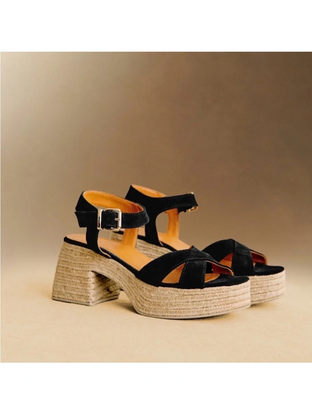 Sezane Black Suede Espadrille Platform Sandals